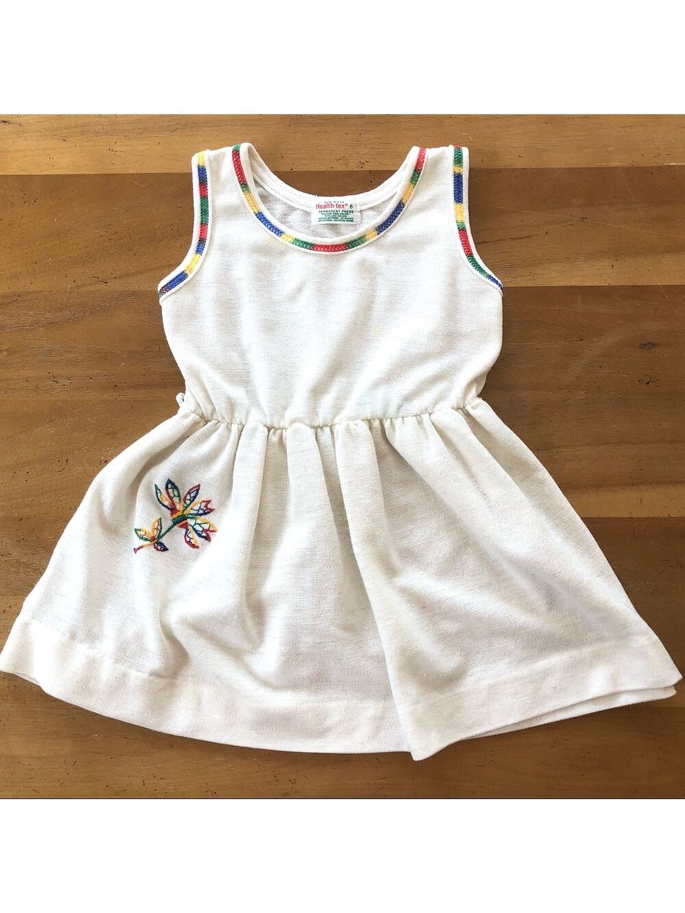 Vintage Children's Sundress Rainbow Flower Cream Healthtex Size 6 Elastic Summer